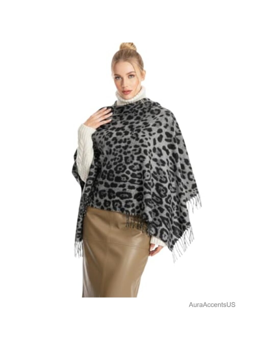 Leopard Faux Cashmere Oversized Blanket Scarf with Fringe Winter Wrap